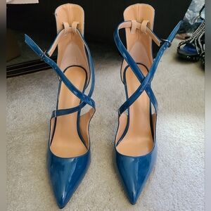 Patent Leather Pointy Toe Cross Strap Heels